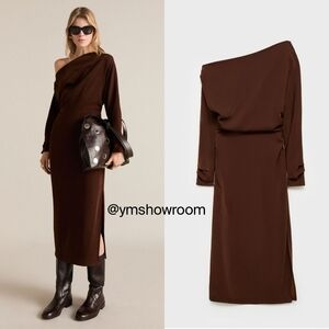 Mango Off-Shoulder Long Sleeve Midi Dress in Dark Brown